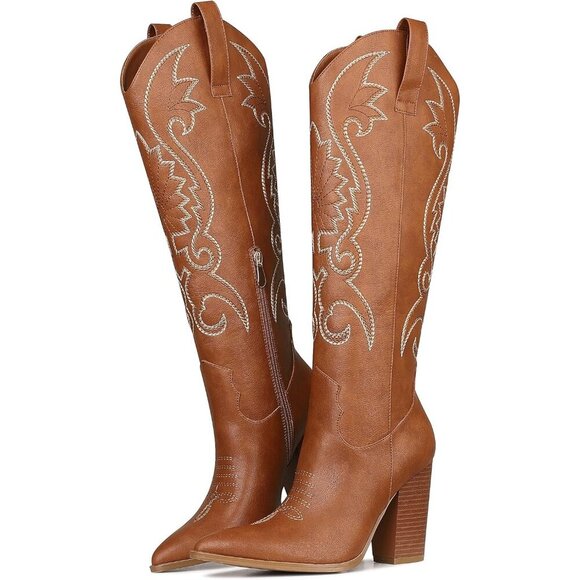 Women Brownpu Embroidered Pointed Toe Knee High Western Chunky Heels Boots - Picture 7 of 7